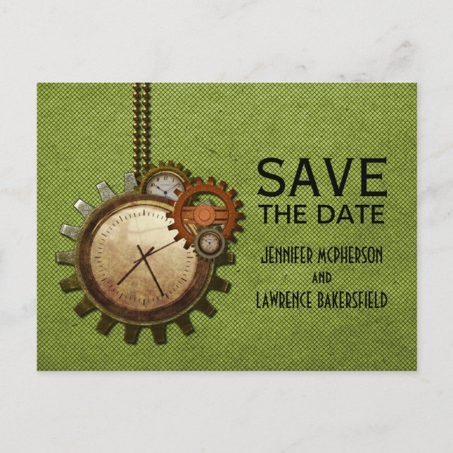 Green Vintage Clock Save the Date Postcard (Front)