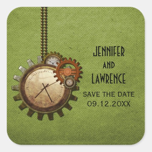 Green Vintage Clock Save the Date Stickers