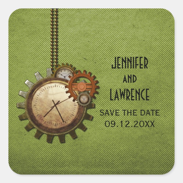 Green Vintage Clock Save the Date Stickers (Front)