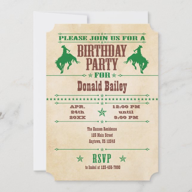 Green Vintage Cowboy Birthday Invitation (Front)