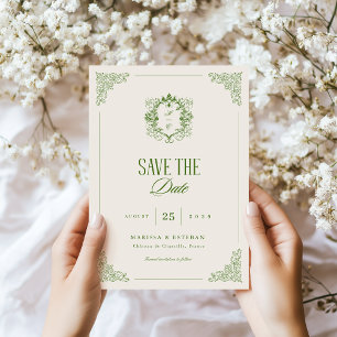 Green Vintage Crest Monogram Formal Luxe Wedding Save The Date