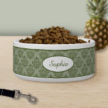 Green Vintage Damask Pattern With Custom Name Bowl<br><div class="desc">Elegant green vintage damask pattern background with a personalizable text area for the name of the pet. The font is a lovely script font in green color.</div>