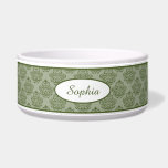 Green Vintage Damask Pattern With Custom Name Bowl<br><div class="desc">Elegant green vintage damask pattern background with a personalizable text area for the name of the pet. The font is a lovely script font in green color.</div>