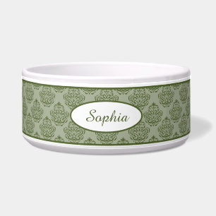 Green Vintage Damask Pattern With Custom Name Bowl