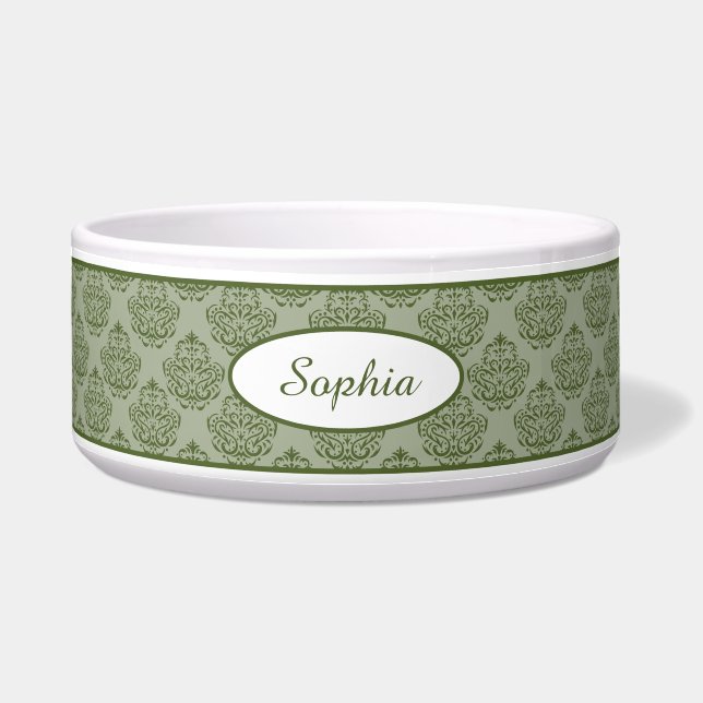 Green Vintage Damask Pattern With Custom Name Bowl (Front)