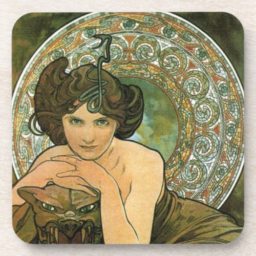 Green Vintage Emerald Temptress Art Nouveau Mucha Beverage Coaster