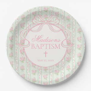 Green Vintage Fancy Floral Baptism Paper Plates