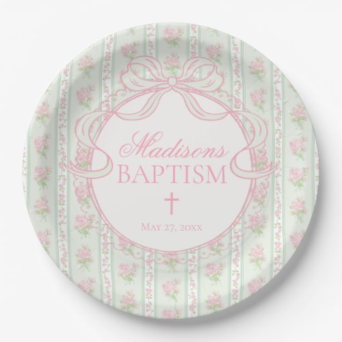 Green Vintage Fancy Floral Baptism Paper Plates