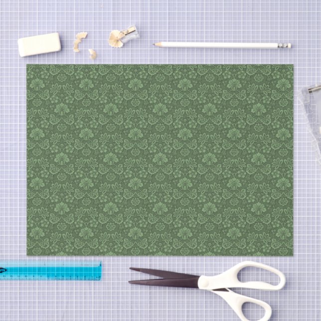 Green Vintage Floral Damask Pattern Tissue Paper (Craft)