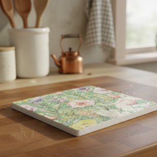 Green Vintage Floral Pattern With Polka Dots Trivet
