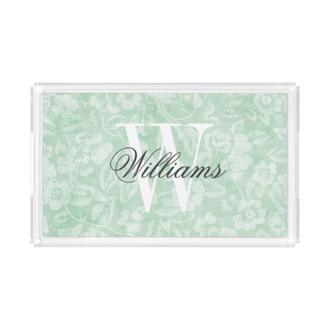 Green Vintage Floral Print Monogram Acrylic Tray (Front)