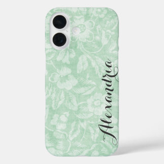 Green Vintage Floral Print Monogram iPhone 16 Case