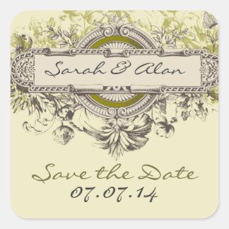Green Vintage Floral Save The Date Sticker