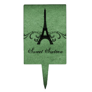 Green Vintage French Flourish Sweet 16 Cake Pick
