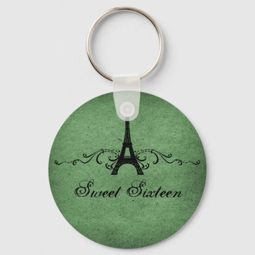 Green Vintage French Flourish Sweet 16 Keychain