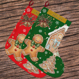 Green Vintage Gingerbread Man, Tree, Christmas Large Christmas Stocking