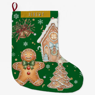 Green Vintage Gingerbread Man, Tree, Christmas Large Christmas Stocking