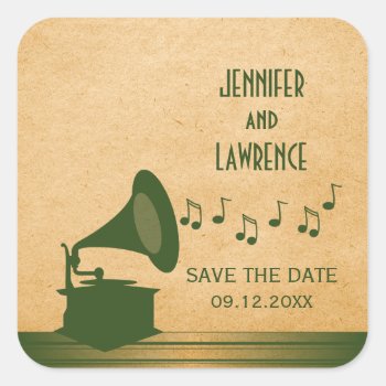 Green Vintage Gramophone Save The Date Stickers by Dynamic_Weddings at Zazzle