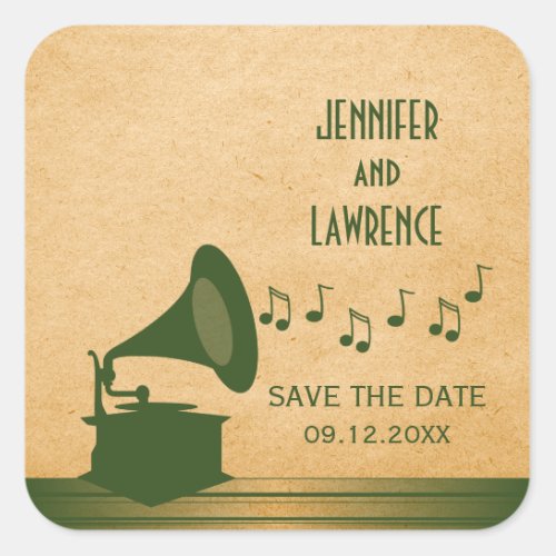 Green Vintage Gramophone Save the Date Stickers