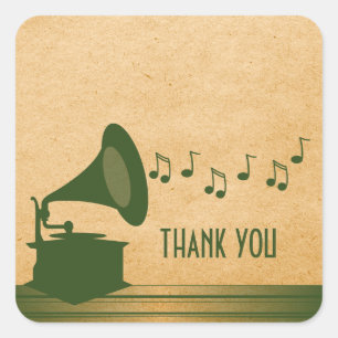 Green Vintage Gramophone Thank You Stickers