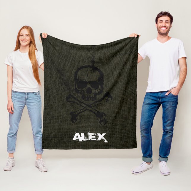 Green Vintage Grunge Skull Crossbones Halloween Fleece Blanket (In Situ)
