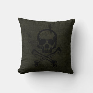 Green Vintage Grunge Skull Crossbones Halloween Throw Pillow