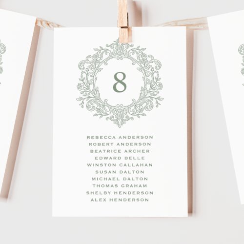 Green Vintage Heirloom Crest Wedding Seating Card
