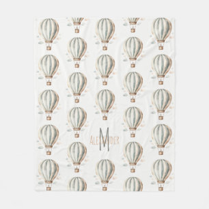 Green Vintage Hot Air Balloon Monogram Fleece Blanket