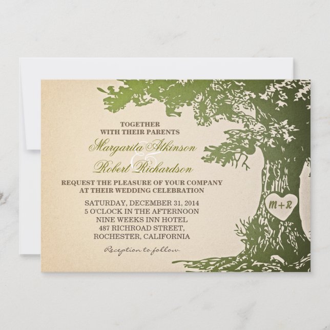green vintage old oak tree wedding invitations (Front)