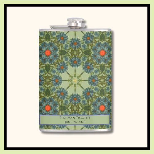 Green Vintage pattern with Blue Flowers Flask