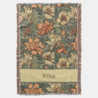 Green Vintage Retro Floral Personalized Throw Blanket