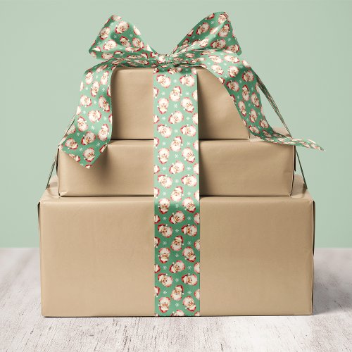 Christmas Wrapping Paper 17 Green Vintage Retro Santa Claus Christmas Satin Ribbon