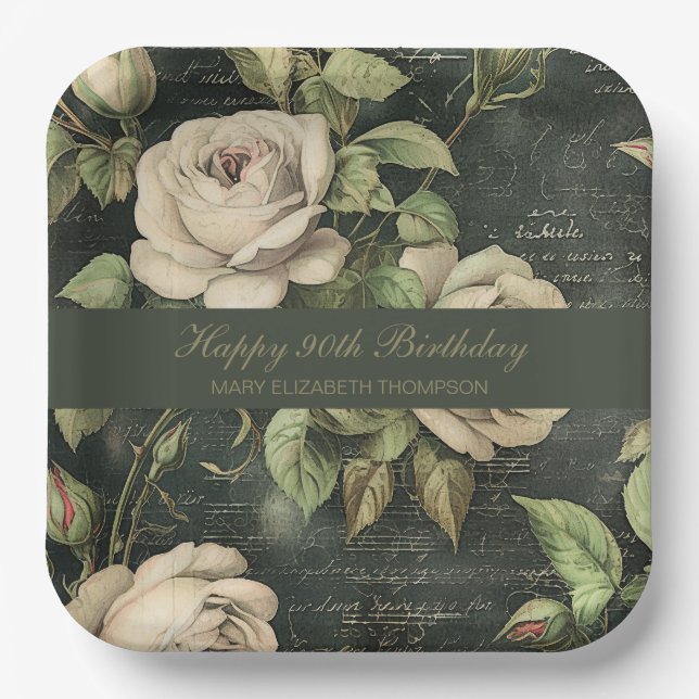 Green Vintage Rose Paper Plate (Front)