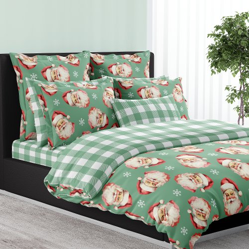 Green Vintage Santa Claus Green Plaid Christmas Duvet Cover