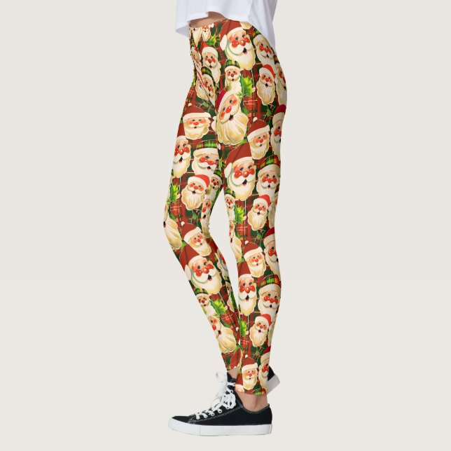 Green Vintage Santa Claus Tartan Plaid Christmas Leggings (Left)