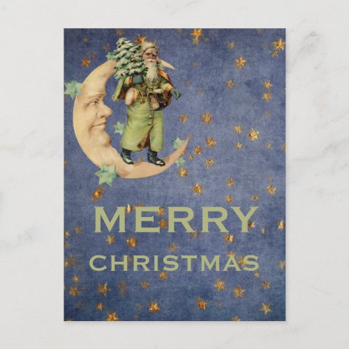 Green Vintage Santa Crescent Moon Starry Night Holiday Postcard