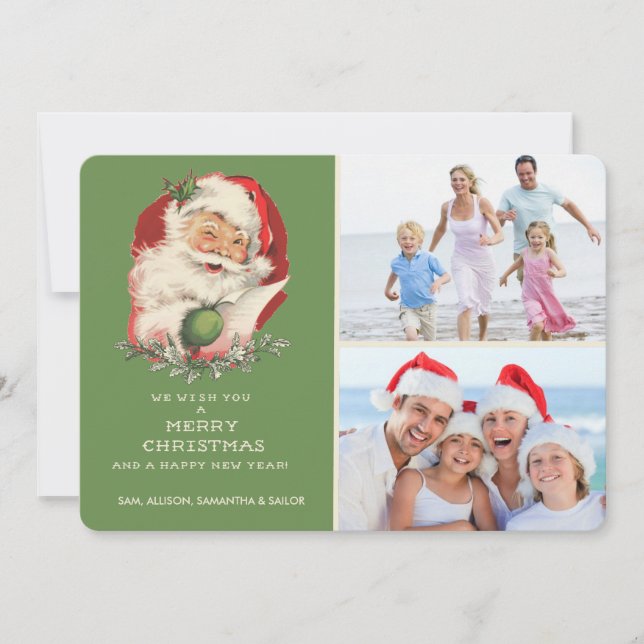 Green Vintage Santa Photo Christmas Greeting Holiday Card (Front)
