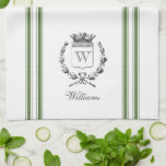 Green Vintage Style French Sack with Custom Name Kitchen Towel<br><div class="desc">Vintage French etched graphics and forest green ticking tape stripes are the perfect addition to your French country kitchen decor on this waffle knit custom towel. Don't forget the finishing touch of personalization with your monogram and family name.</div>