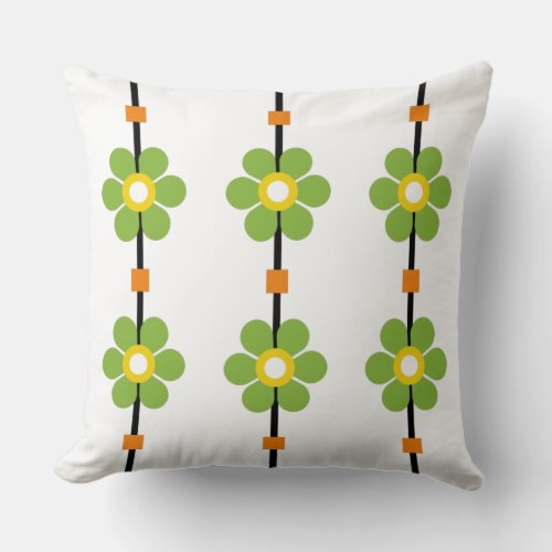 Green Vintage Style Mid Century Flower Power Throw Pillow