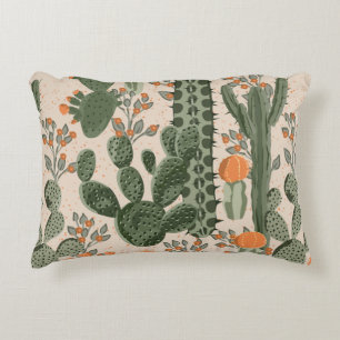 Green vintage succulent cactus and orange flowers accent pillow