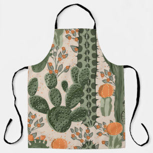 Green vintage succulent cactus and orange flowers  apron