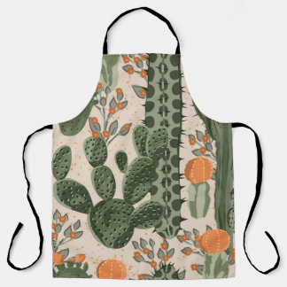 Green vintage succulent cactus and orange flowers apron