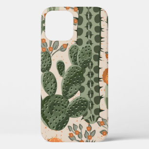 Green vintage succulent cactus and orange flowers iPhone 12 case