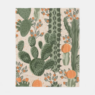 Green vintage succulent cactus and orange flowers fleece blanket
