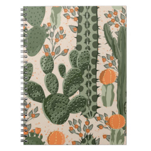 Green vintage succulent cactus and orange flowers notebook
