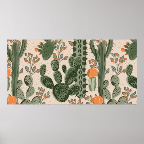 Green vintage succulent cactus and orange flowers  poster