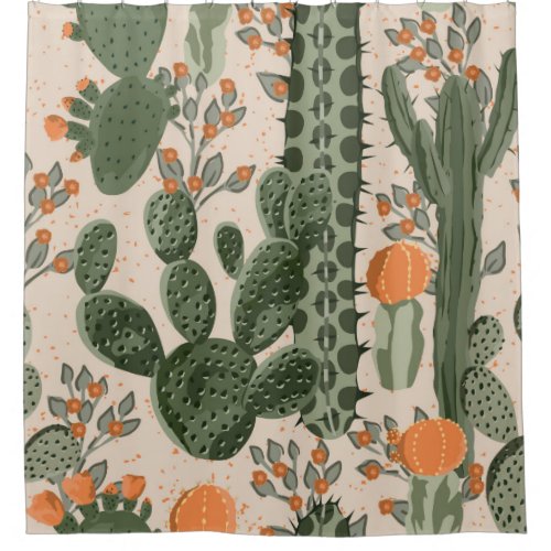 Green vintage succulent cactus and orange flowers  shower curtain