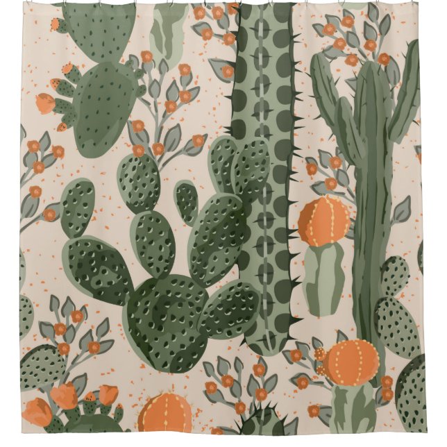 Green vintage succulent cactus and orange flowers  shower curtain (Front)
