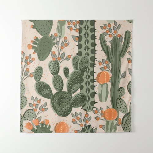 Green vintage succulent cactus and orange flowers  tapestry