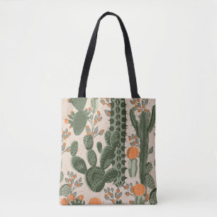 Green vintage succulent cactus and orange flowers tote bag